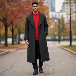 Vintage Black Wool Overcoat Red Lining Men’s Large Oversized Mid Century Coat